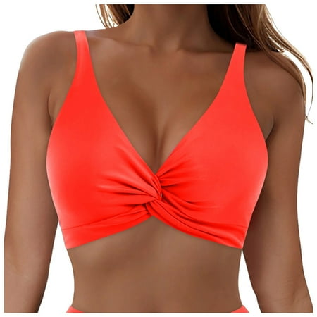 Zhden Swim Tops Women Bikini Top Halter Twist Front Swimsuit Top Padded V Neck Swim Tops Women Top OnlyRed M