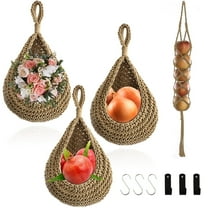 ZYNERY 4 Pack Hanging Fruit Baskets for Kitchen with 6Pcs Hooks, Boho Wall Hanging Baskets, Teardrop Hanging Baskets, Produce Basket for Potato Onion Storage, Home Wall Mount Organizing, Cotton Rope