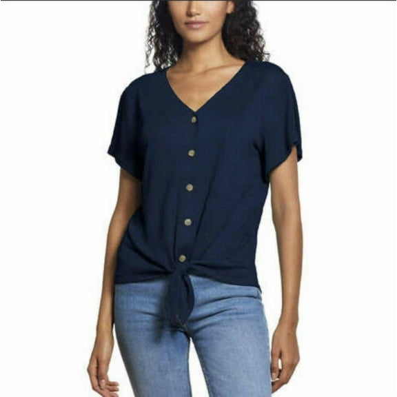 Weatherproof Vintage Woman's Tie Front Blouse, Navy Small
