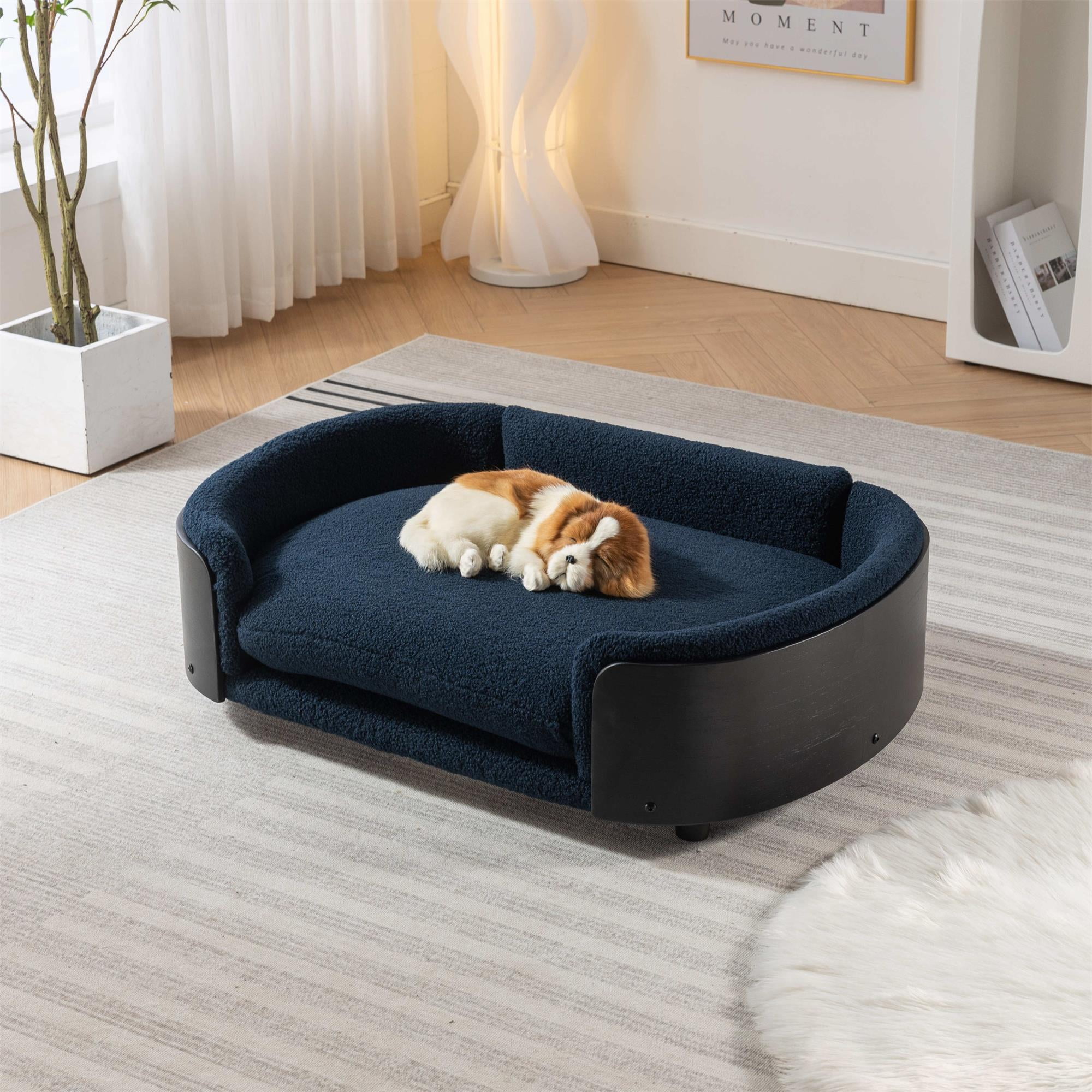 Pefilos 38" Elevated Pet Dog Bed with Solid Wood Legs and Black Bent Wood Back, Cashmere Cushion, Pet Sofa for Indoors Dogs, Dark Blue Pefilos 38" Elevated Pet Dog Bed with Solid Wood Legs and Black Bent Wood Back, Cashmere Cushion, Pet Sofa for Indoors Dogs, Dark Blue