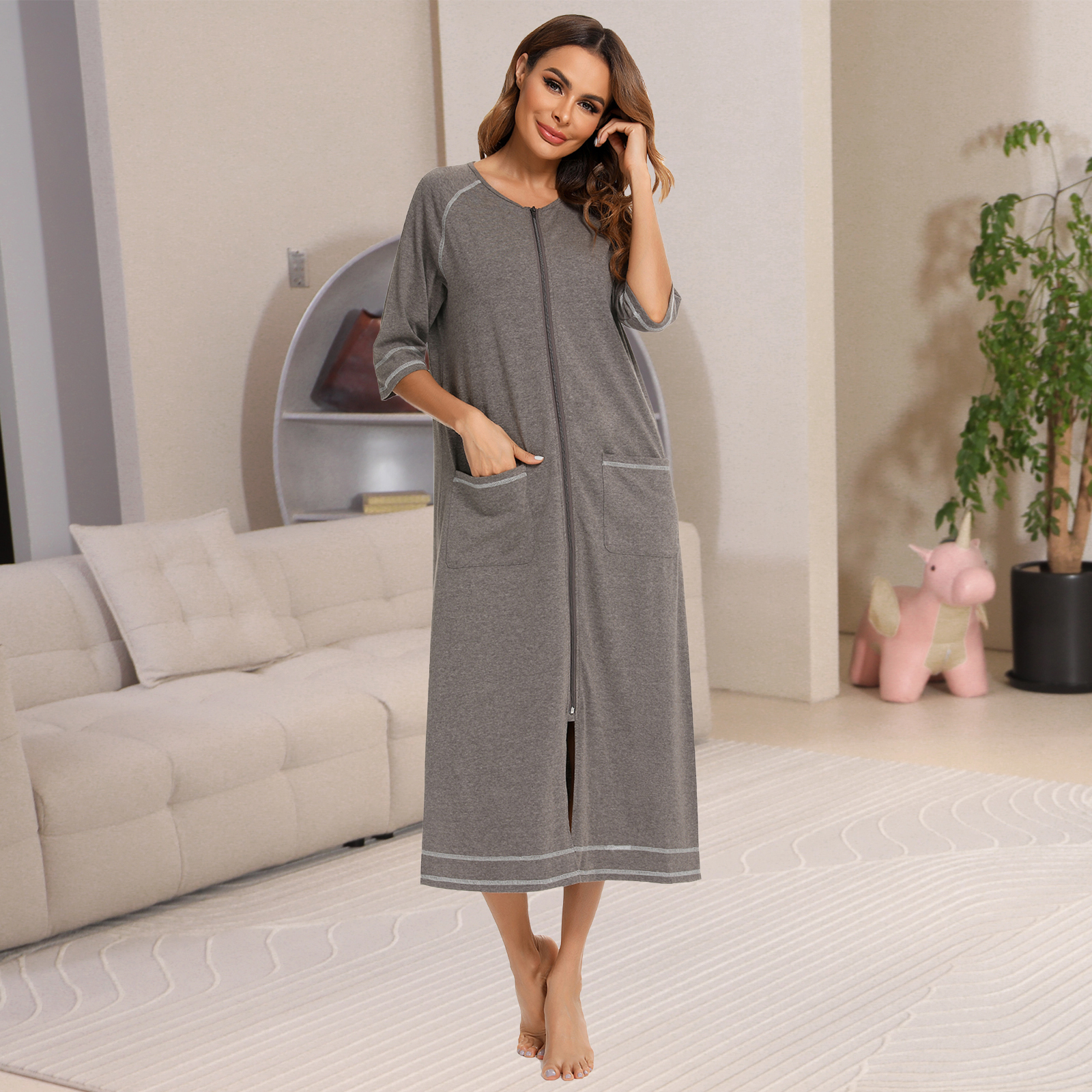 LOFIR Women Zipper Front Robes 3/4 Sleeve Loungewear Pockets Nightgown Loose-Fitting Ladies Long Sleepwear(Grey,L) - image 2 of 7