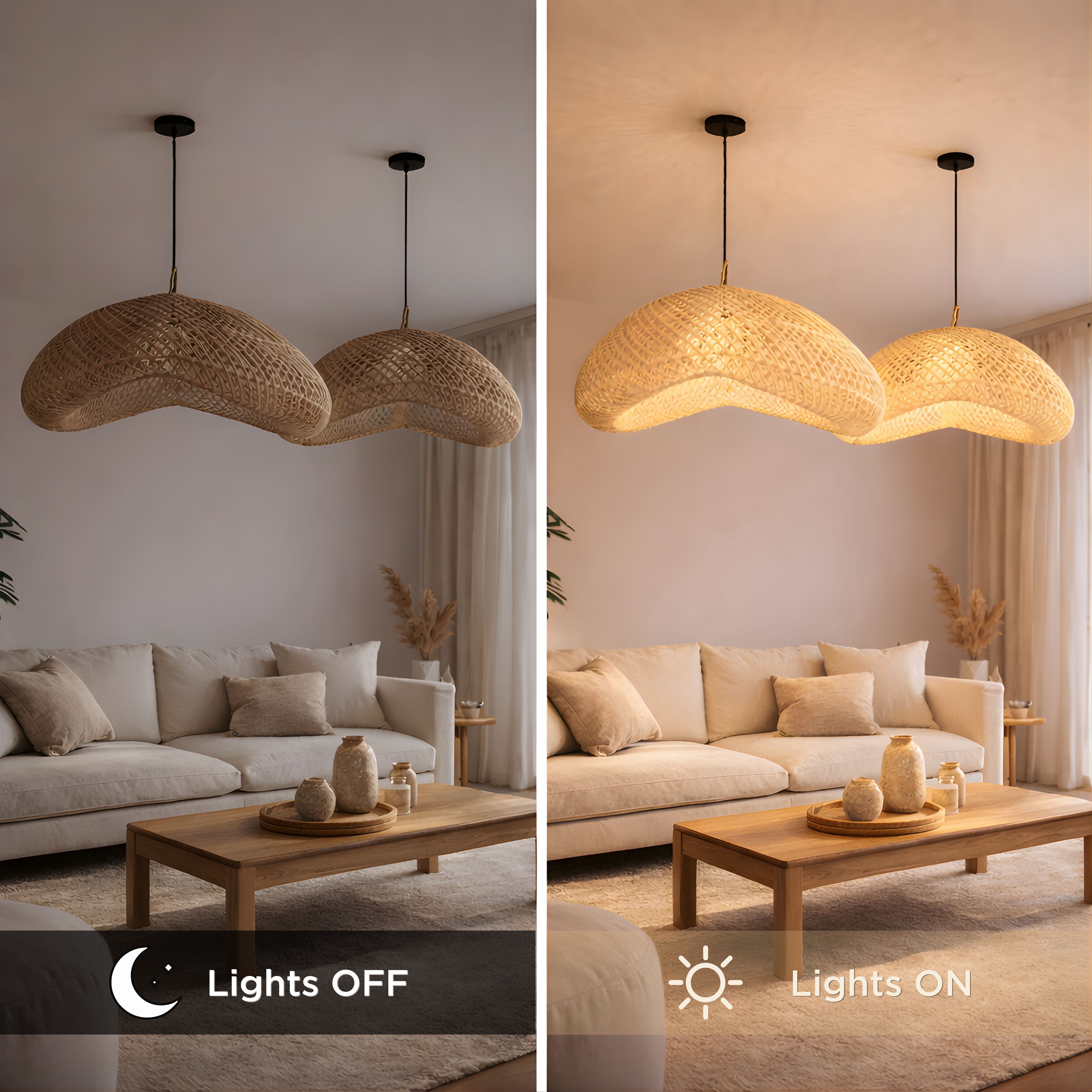 FOREVER BAMBOO Indonesia Handmade Natural Rattan Pendant Light Shade Wicker Light Fixtures Luxurious Bean Shape Woven Lampshade Chandelier Interior Decor, 12 in H x 24 in W