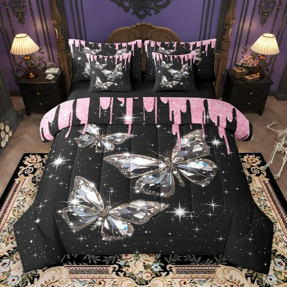 Castle Fairy Crystal Butterfly 7-Piece Twin Bedding Sets for Teens Girls Women,Bling Splash Glitter Bedding Comforter Set,Dreamy Princess Breathable Sheet Sets,Ultra Soft Home Decor
