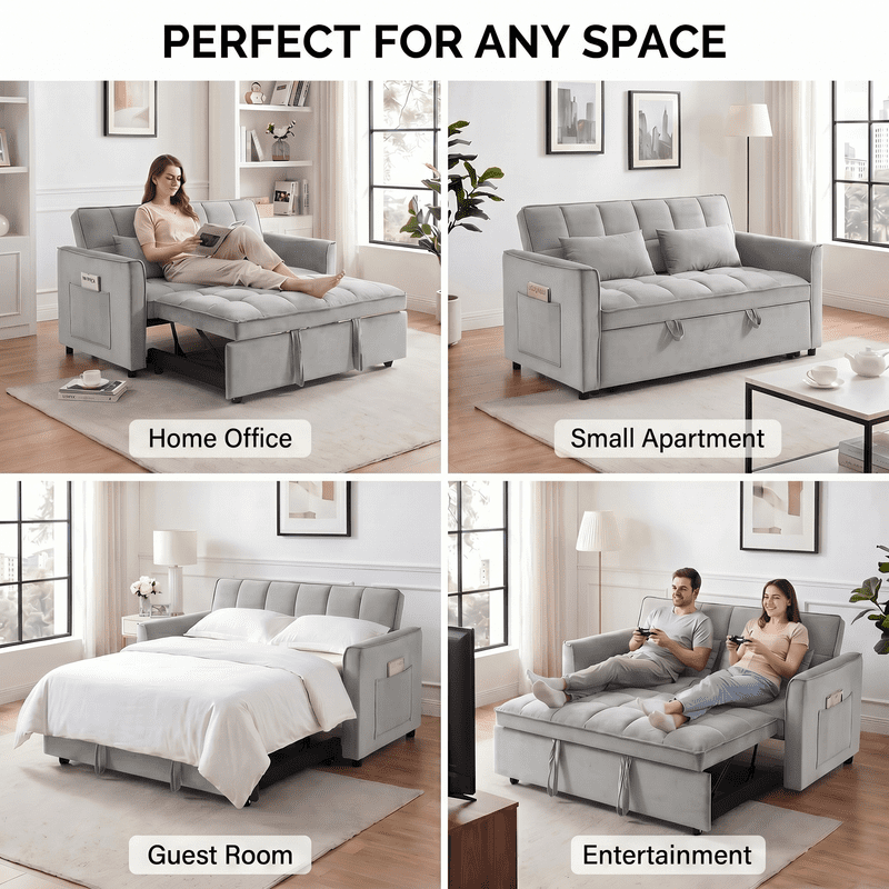 Gewnee 53" Sofa Bed, Convertible Sleeper Sofa & Pull Out Couch, 3-in-1 Velvet Loveseat with Adjustable Backrest and Storage Pocket, light gray