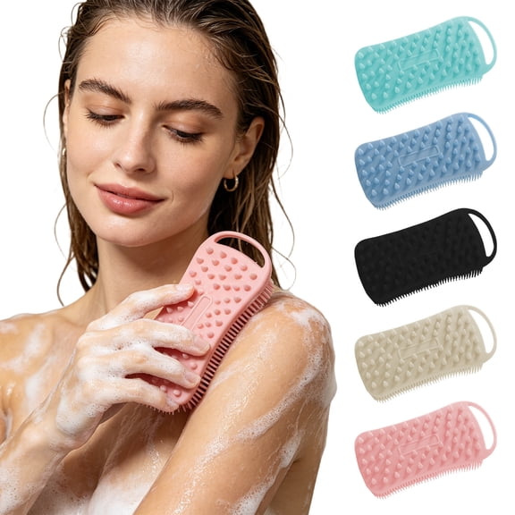Silicone Shower Brush, Dual-Sided Body Scrubber with Hanging Loop, Soft Bristle Exfoliating & Massage Tool for Shower and Bathing, Black, Ccwuwei
