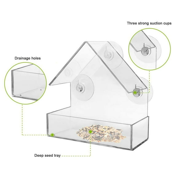 Window Bird House Feeder by Nature Anywhere for Wild Birds with Sliding Seed Holder and 4 Extra Strong Suction Cups. Large Bird feeders for Outside. Birdhouse Shape.