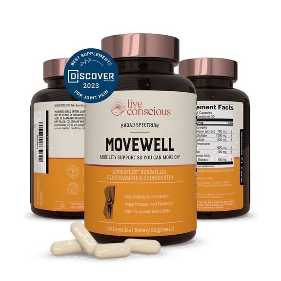 Live Conscious MoveWell Joint Support Supplement for Adults - Glucosamine Chondroitin with MSM, Hyaluronic Acid & ApresFlex Boswellia - 90 Capsules