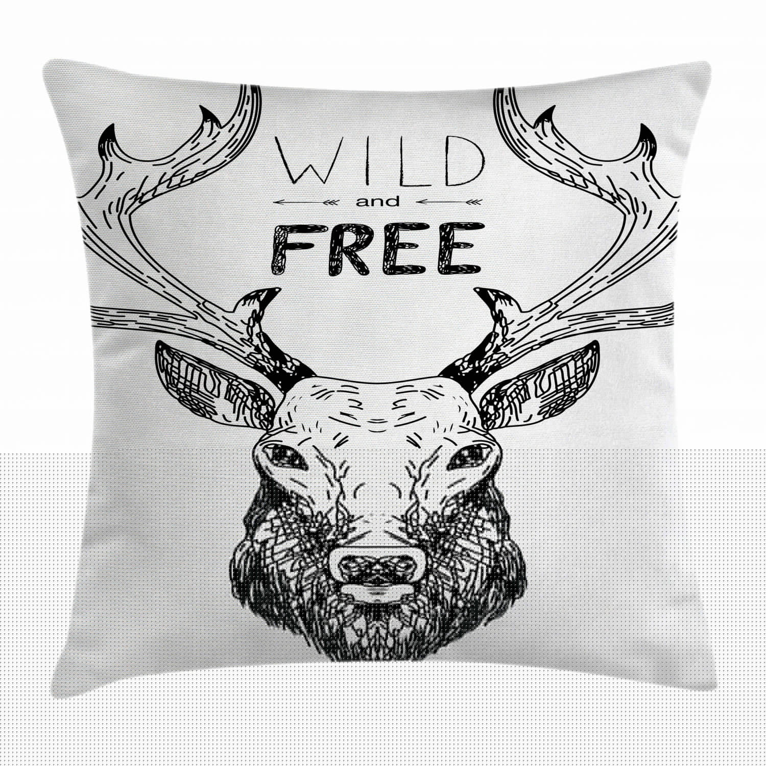 thumbnail image 1 of Adventure Throw Pillow Cushion Cover, Artistic Deer Head Tribal Sketch with Antlers Inspirational Wild and Free Phrase, Decorative Square Accent Pillow Case, 20 X 20 Inches, Black White, by Ambesonne, 1 of 2