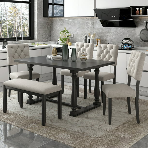 Calnod Wood Dining Room Set Rrectangle Table And 4 Chairs With Bench Family Furniture Of 6 Gray Grey, What Size Bench For 78 Inch Tablet Samsung