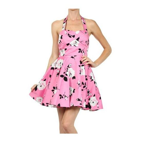 Pink Floral Rose Printed Retro Inspired Full Skirt Short A-Line Dress Womens (Large)