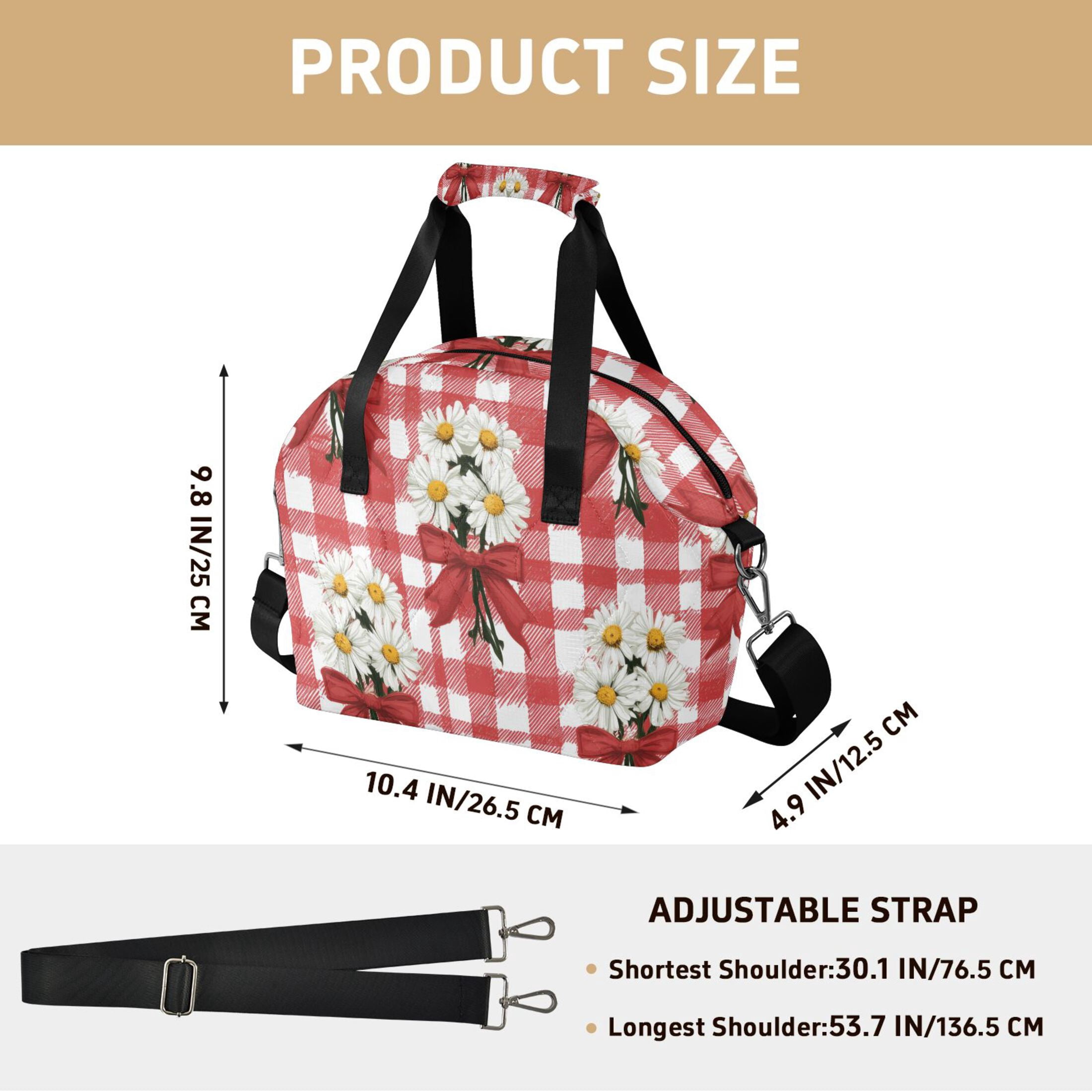 Red Plaids with Red Bows White Flowers Insulated Lunch Bag Reusable Quilted Lunch Box Waterproof Leakproof Lunch Container