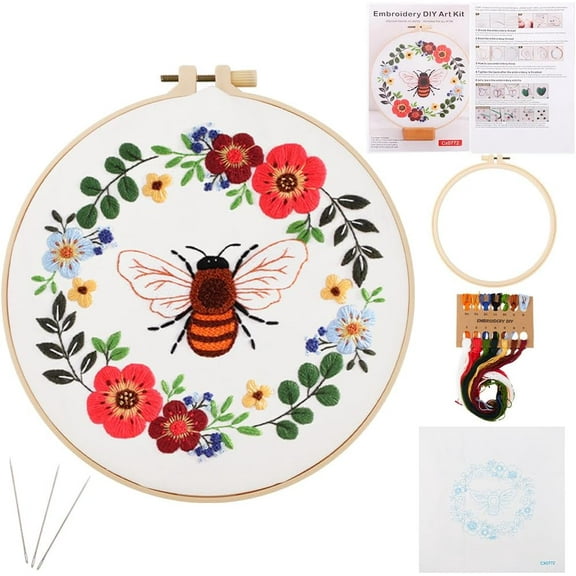 Bee Flower Embroidery Kit Starter Set Hand Sewing Embroidery Set Pattern Printed Art Craft Cross Stitch DIY Kits for Beginner with Cotton Fabric Hoops Thread Needles and Instructions