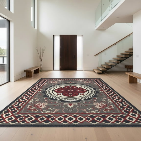 Design&I 8'x10' Washable Area Rug Border Door Mongolian Checkered Nylon Hallway Assorted Boho Vintage Playful for Living Room, Family Extra Large Skid-Resistant Low Profile