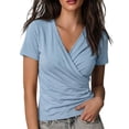 thumbnail image 2 of Summer Deep V Neck Cross Surplice Wrap Tops for Women Solid Color Casual Short Sleeve Wrap Front Drape Dolman Top Light Blue XXL, 2 of 6