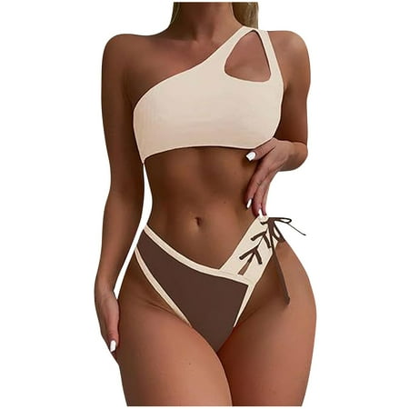 UTSJKR Women s Bikini Sets Cheeky Cutout One Shoulder High Waisted Two Piece Swimsuit Lace Up High Cut Bathing Suit Coffee XL