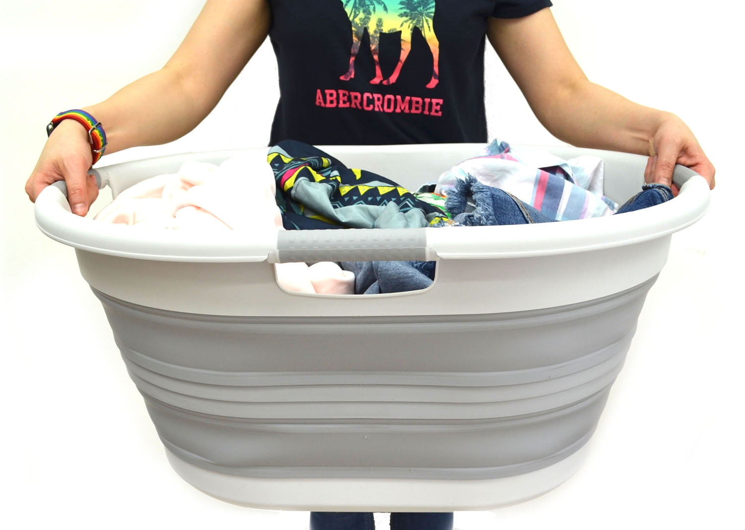 SAMMART Collapsible 3-Handled Plastic Laundry Basket - Oval Tub / Basket - Foldable Storage Container / Organizer - Portable Washing Tub - Space Saving Laundry Hamper