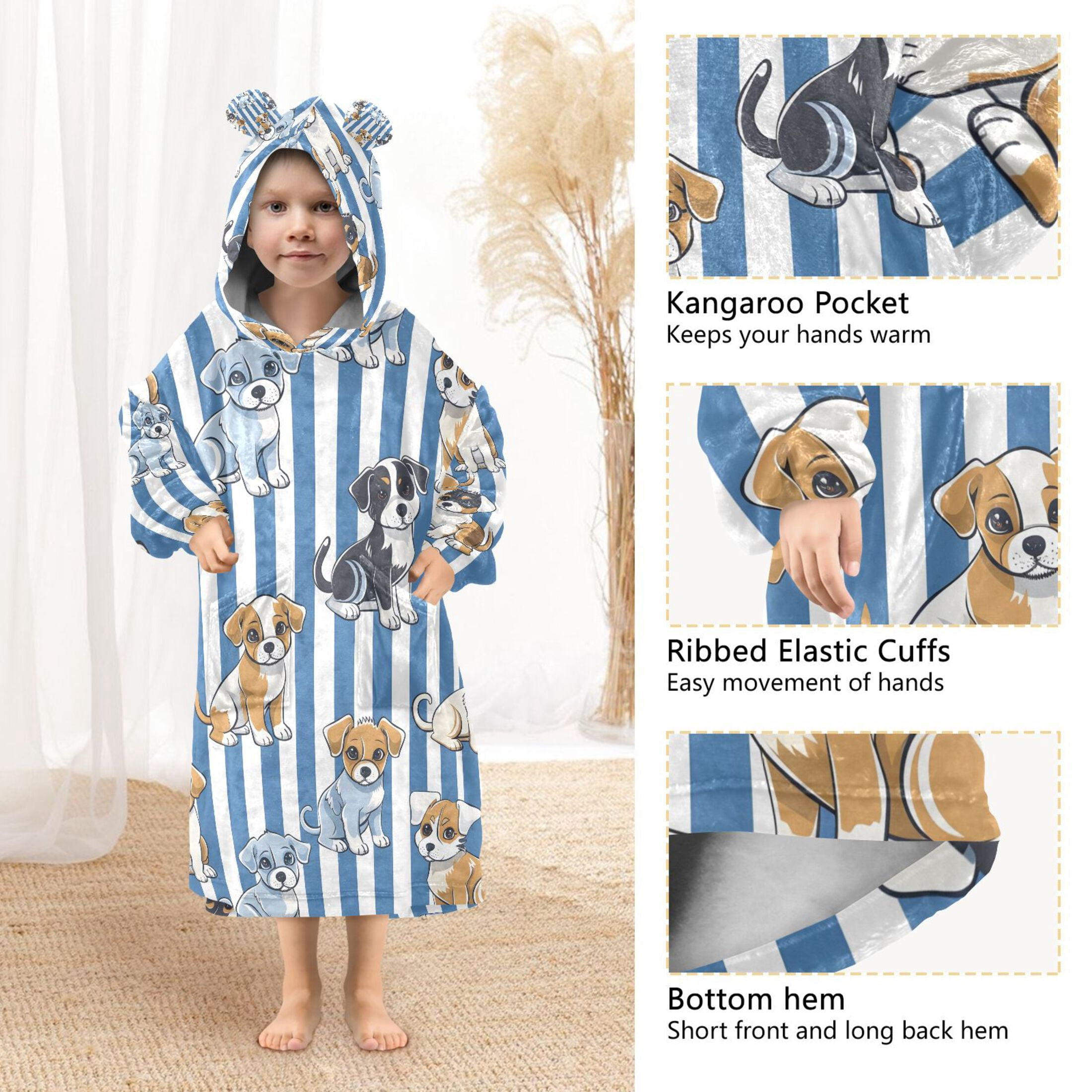 joogoo Wearable Blanket Hoodie for Cartoon Puppy Dog Stripes Flannel Sherpa Pocket 3-14 YR S
