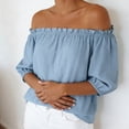 thumbnail image 6 of larppty Womens Off Shoulder Tops Linen Cotton Tunic Tops Long Sleeves Ruffle Balloon Sleeve Shirts Summer Casual Blouses（Sky Blue， M）, 6 of 9
