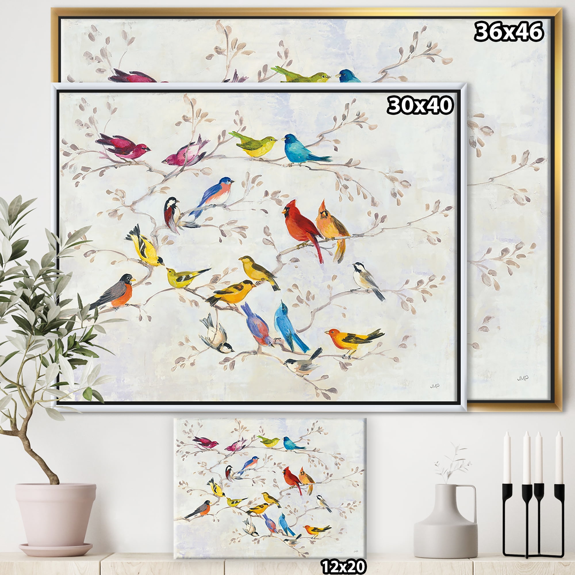 Designart ' Multi'Color Bird on Tree Modern Farmhouse Framed Canvas