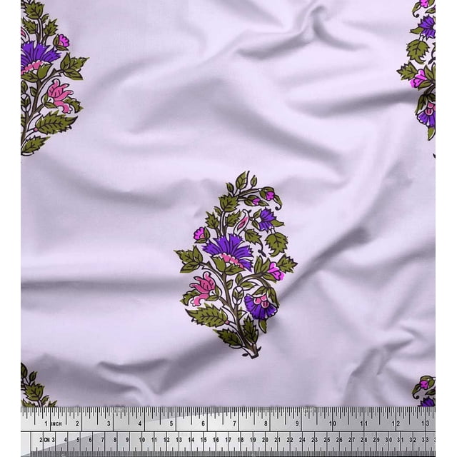 Soimoi Modal Satin Fabric Leaves & Floral Block Print Fabric by The Yard 42 Inch Wide