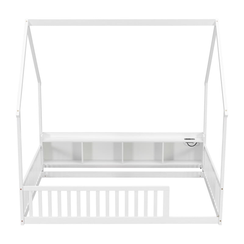 Full Size House-Shaped Canopy Bed with Roof, Wood Kid's Floor Bed Frame with Storage Shelves, LED Lights & Charging Station