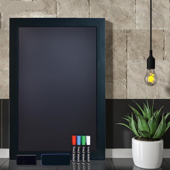 Size 20" x 30", Wood Frame, Chalkboard Sign, Vertical or Horizontal Wall Mount, Includes 4 Chalk Markers, Chalk & Eraser, by Better Office Products (Solid Black)