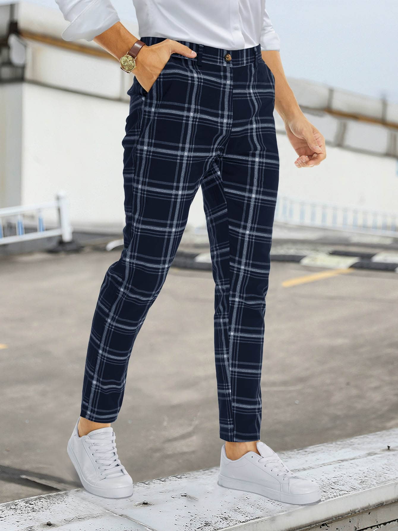 Navy Blue Casual Men Plaid Slant Pocket 