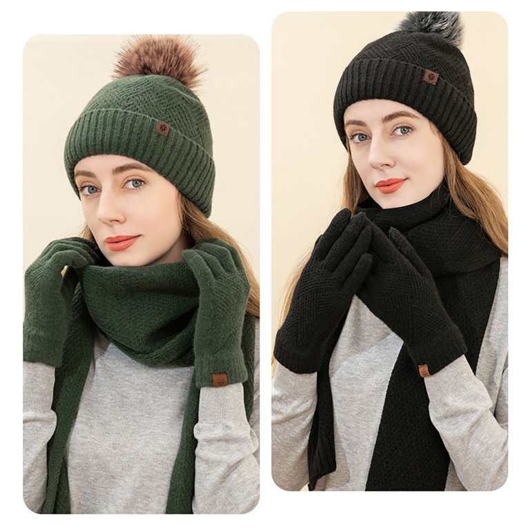 Nsxcdh Wool Hat Scarf Gloves Set Warm Knit Double Layer Cozy