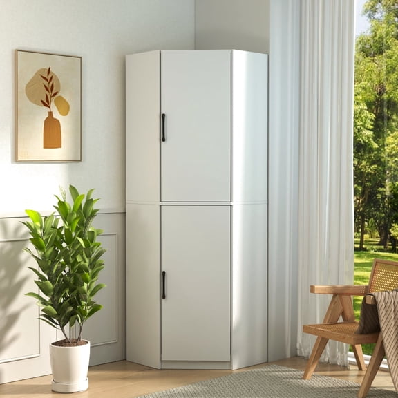 70.87" White Corner Cabinet, Freestanding L-Shaped Pantry Storage with Shelves