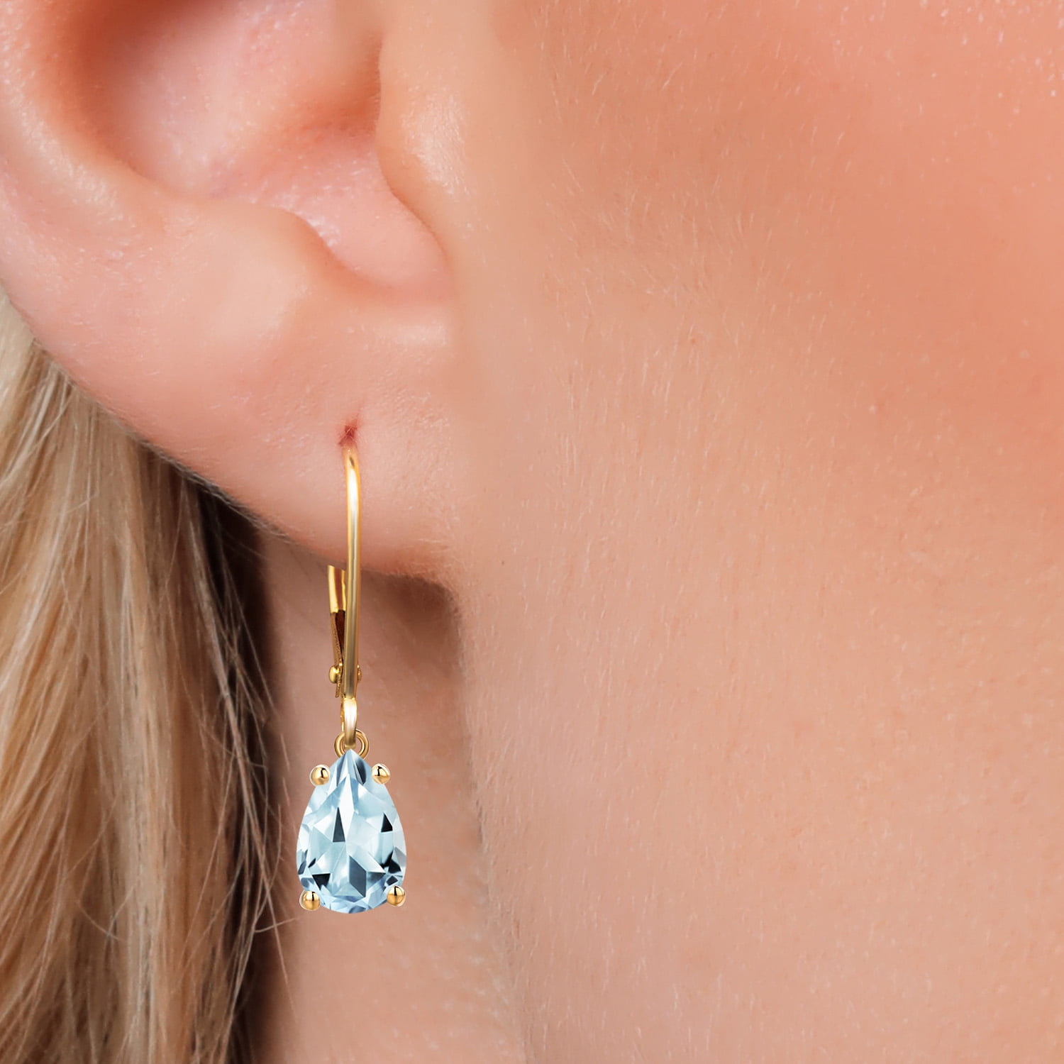 Gem Stone King 14K Yellow Gold Sky Blue Aquamarine Leverback Dangle Earrings for Women | 2.30 Cttw | Gemstone March Birthstone | Pear Shape 9X6MM