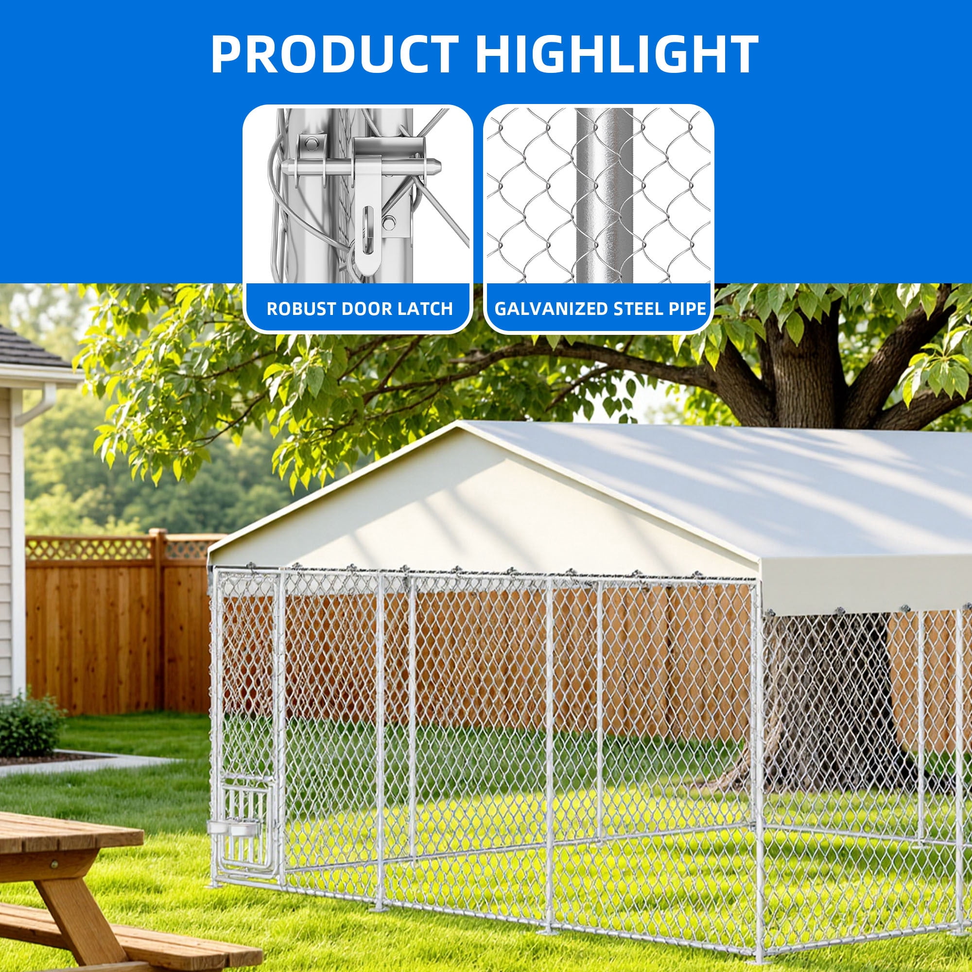 Dextrus 14.8×14.8×7.9FT Heavy Duty Outdoor Dog Kennel, Rotating Feeder Bowls & UV-Resistant Waterproof Cover, Yard Dog Enclosure for Medium Large Dogs