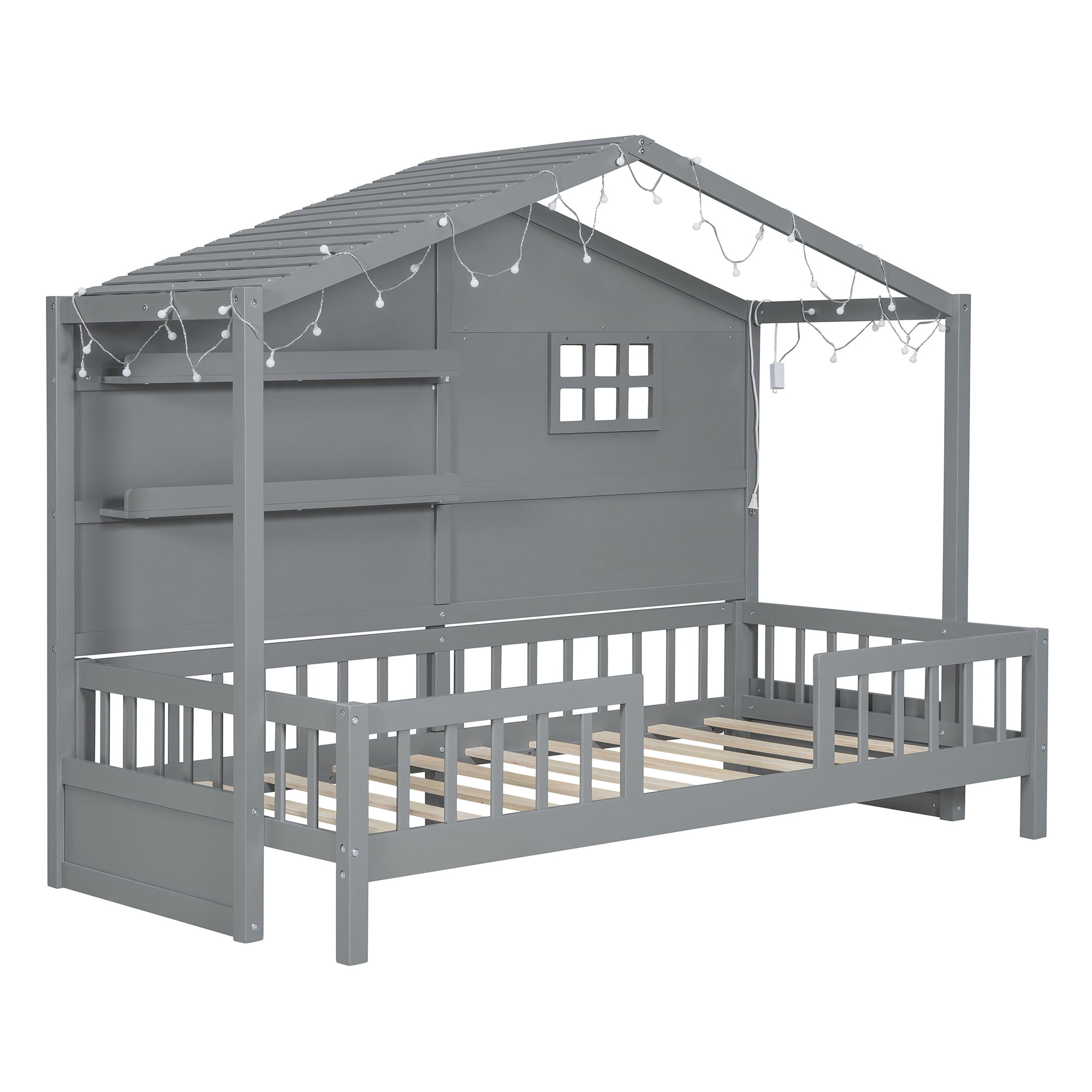 Mintazer Twin House Bed with LED String Lights & Storage Shelves, Toddler Montessori Bed Frame with Guardrails for Kids, Gray