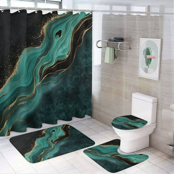 Elegant Teal Gold Marble Shower Curtain Set Modern Bathroom Decor Mats 4pcs Fabric Bathroom Curtain Slip Floor Rug Toilet Lid