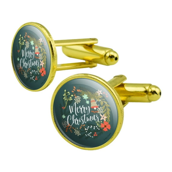 Merry Christmas Wreath Mistletoe Bell Round Cufflink Set Gold Color