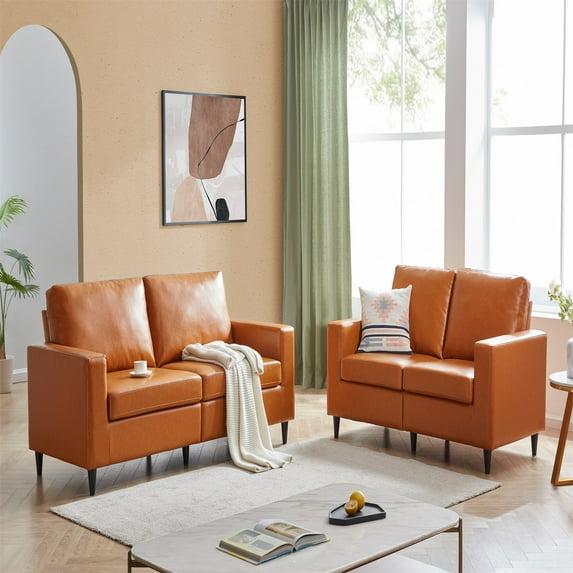 Canddidliike Mid Century PU Leather Upholstered Sofa Set, 3 Seat Couch & Love Seats - Brown