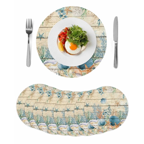 Vintage Beige Coastal Round 15 Inch Placemats Set of 8, Summer Beach Starfish Shell Coral Nautical HeatResistant Non Slip Place Mats for Dining Table, Wipeable Kitchen Table Mats for Housewarming