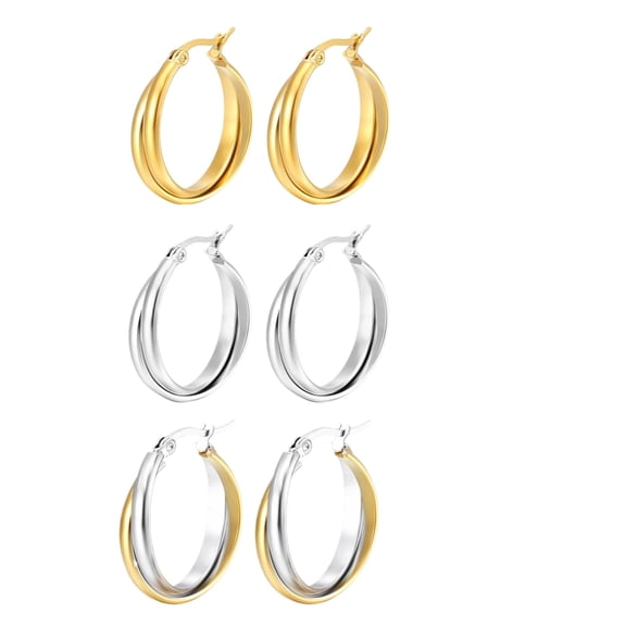 Two Tone Hoop Earrings for Women, Gold and Silver Chunky Huggie Earrings, Polished Double Hoop Design, Lightweight Click Top Fashion Jewelry(3Pairs)