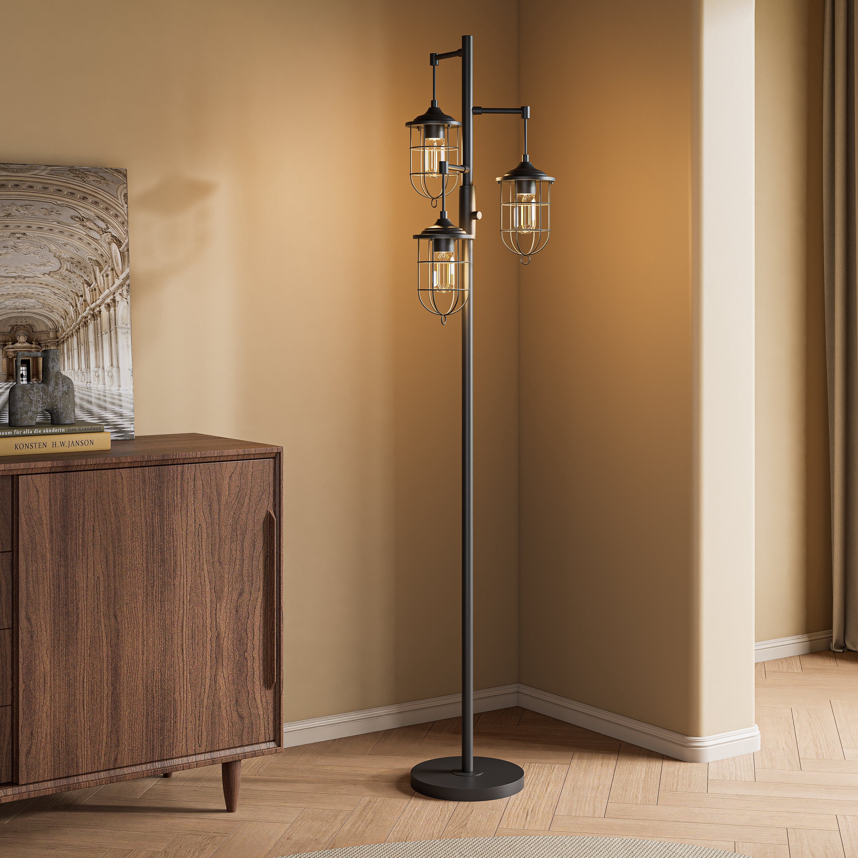 KAWOTI 64.75'' Industrial Bronze 3-Light Lantern Floor Lamp with  Metal Cage Shades, Bulbs Included