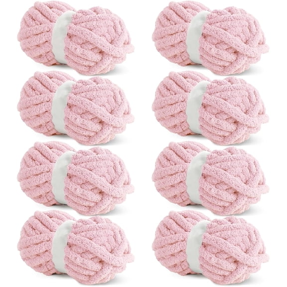 Hombys Pink Chunky Chenille Yarn for Crocheting and Knitting, Super Bulky Yarn for Blankets, Soft Plush, 8 Jumbo Packs (27 yds, 8 oz Each)
