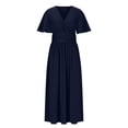 thumbnail image 4 of Vestido Maxi de Manga Larga para las Mujeres Caída Sólido de Manga Corta Cuello en V Plisado Vestido Maxi Midi, Cintura Elástica Boho Vestido de Playa con Bolsillos, 4 of 9