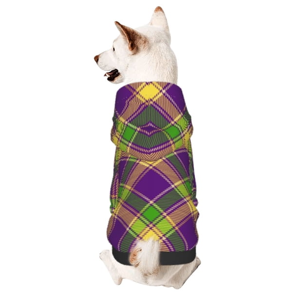 Fotbe Mardi Gras Plaid Sudadera con Estampado para Perros Pequeños – Suéter con Capucha para Mascotas, Tela Suave de Forro Polar con Bolsillo-Small