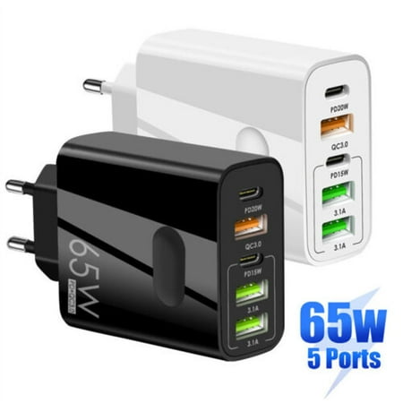 65W 5 USB Type C Fast Wall Charger PD QC3.0 Adapter For MacBook iPhone Samsung Universal -EU Plug (White)