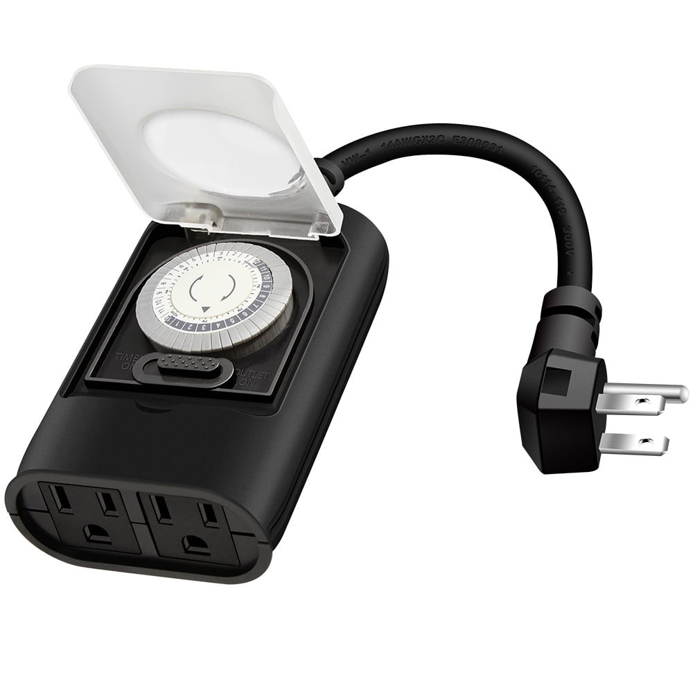 Timer Outlet Outdoor, Kasonic 24 Hour Mechanical Timer Switch, Heavy Duty Water Resistance with 2 Grounded Outlet, ETL Listed (Black)