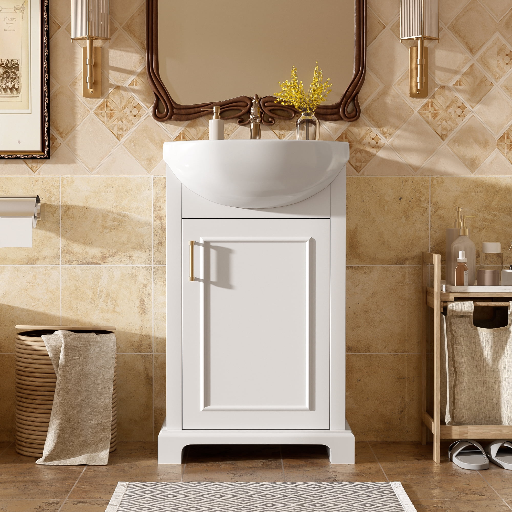 GARITIN Bathroom Vanity 20 Inch, Freestanding Single Vanity Set with Ceramic Sink and Soft Closing Door for Small Bathroom, White