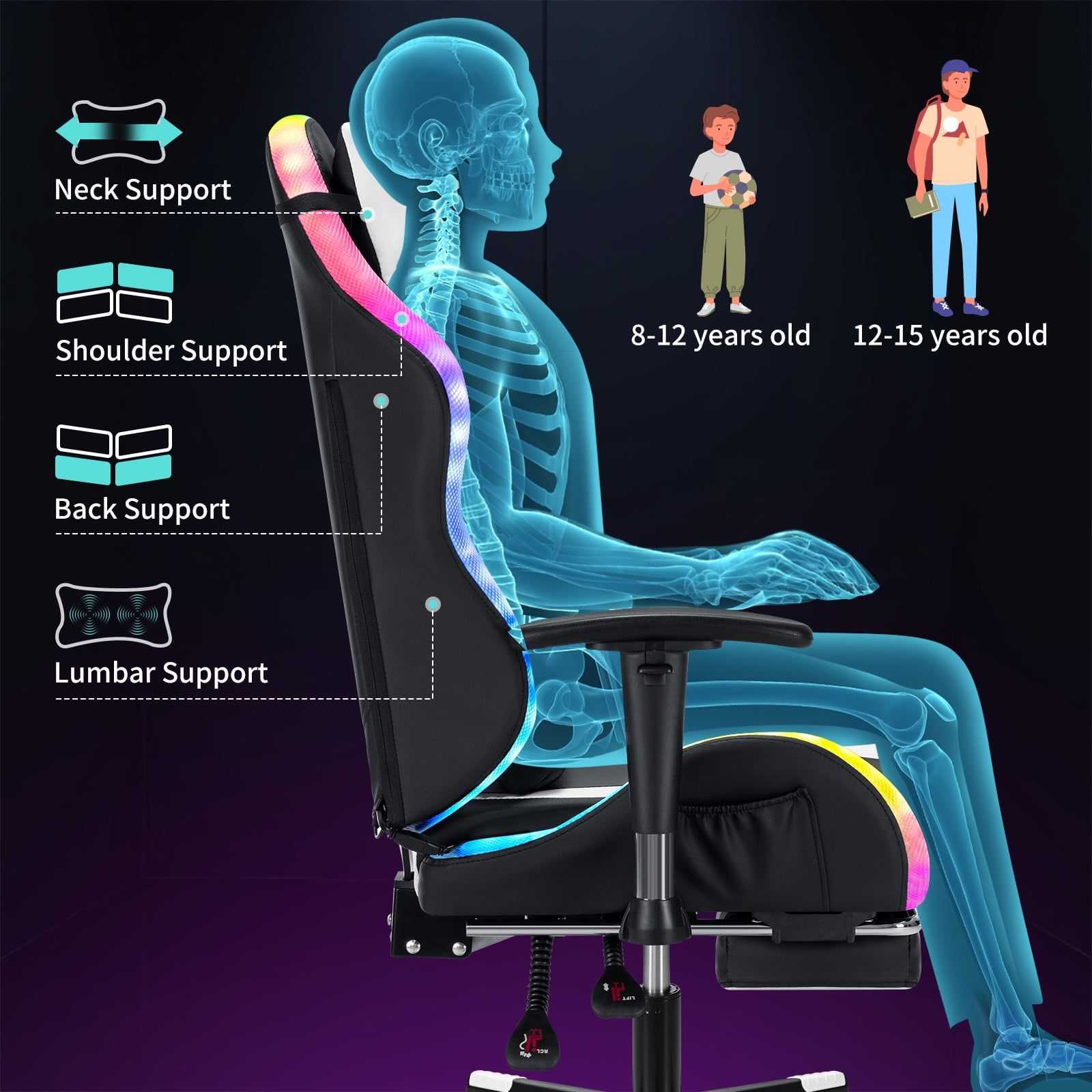 Hoffree LED Gaming Chair for Kids 8-14 Gaming Chairs for Teens with Adjustable Headrest and Lumbar Support Ergonomic PU Leather Kids Gaming Chair with Led Lights