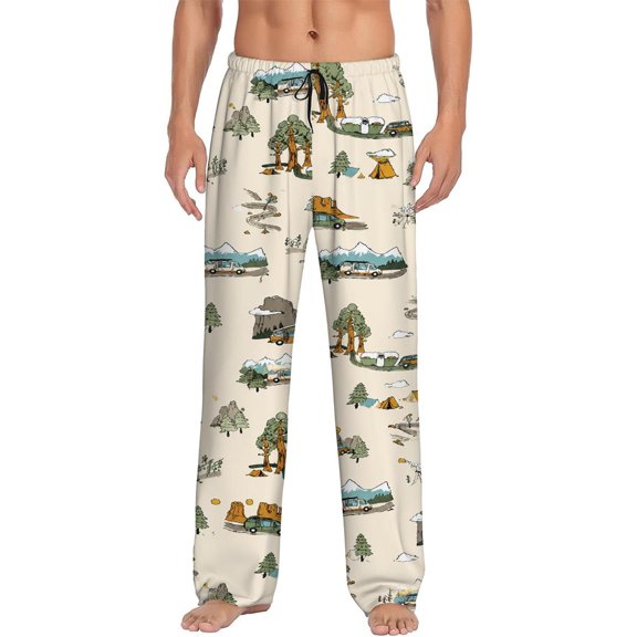 Men's pajama pants with vintage camper van and mountain scene print, soft home pajama pants, casual and comfortable loose fit pajama pants, elastic waistband