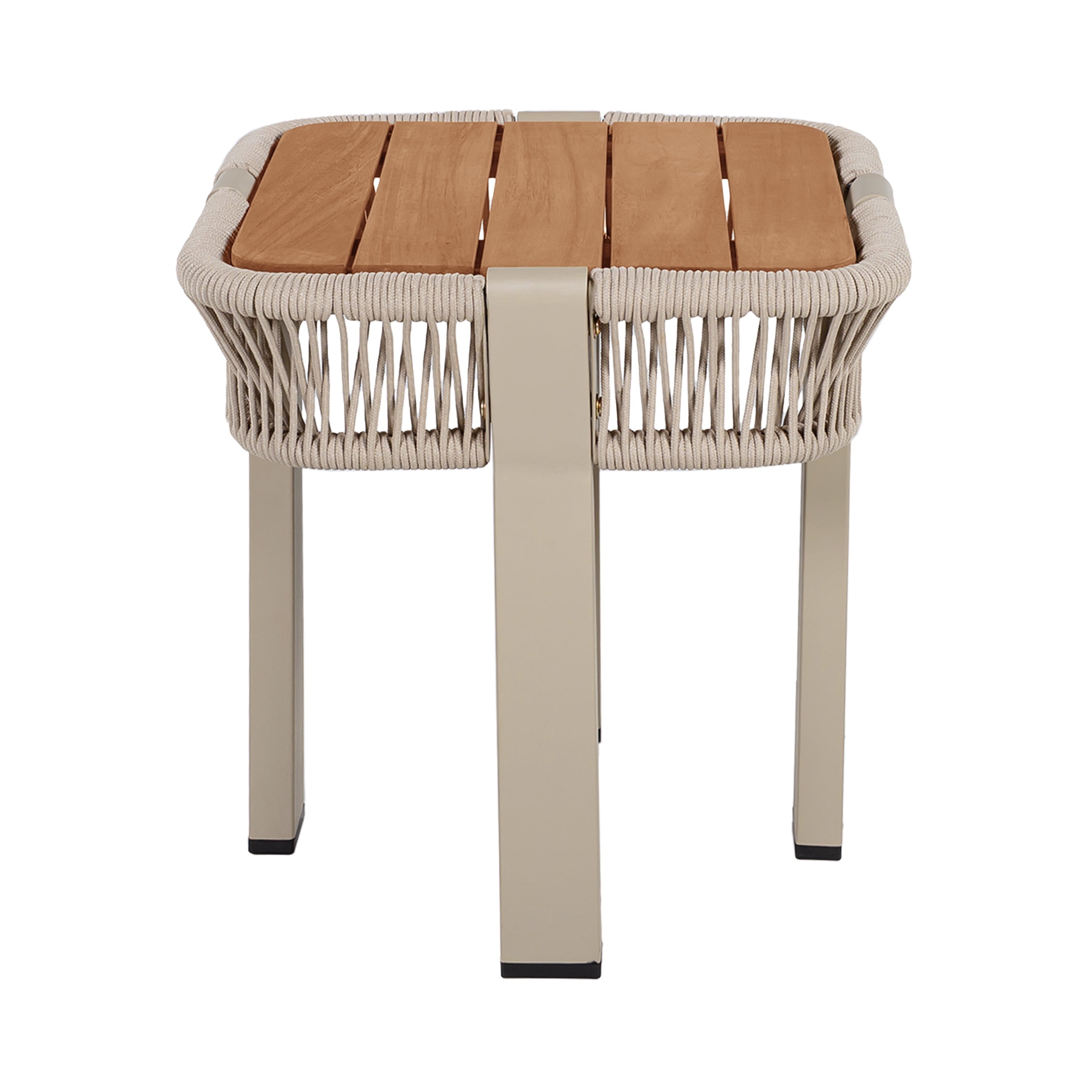 Outdoor Side Table 18.11 Inch, Acacia Wood Top with Beige Rope and Metal Frame for Patio Balcony, Teak and Beige