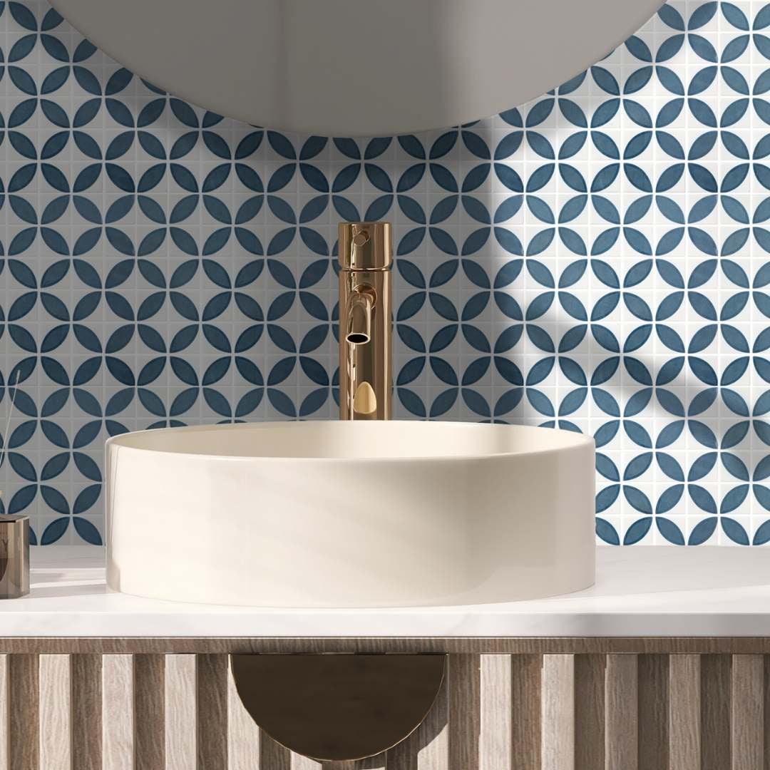 The Tile Life Eterna Lily 2" x 2" Navy Blue Matte & Shiny Glass Mosaic Wall Tile, 1 Sheet