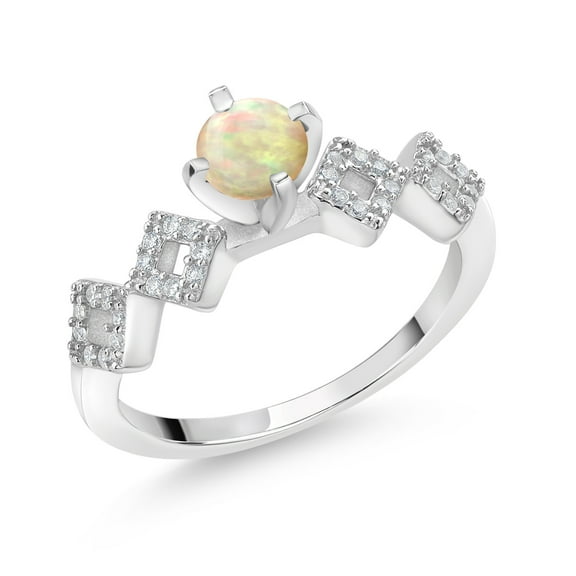 Gem Stone King 0.68 Ct Round Cabochon White Ethiopian Opal 925 Sterling Silver Ring (Size 5)