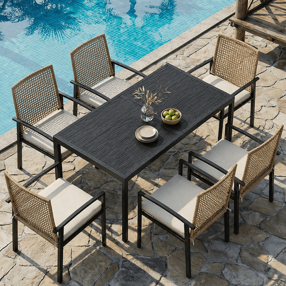 LAZZO 7-Piece Outdoor Dining Set, Patio Wicker Furniture with Aluminum Table and Cushions, Beige